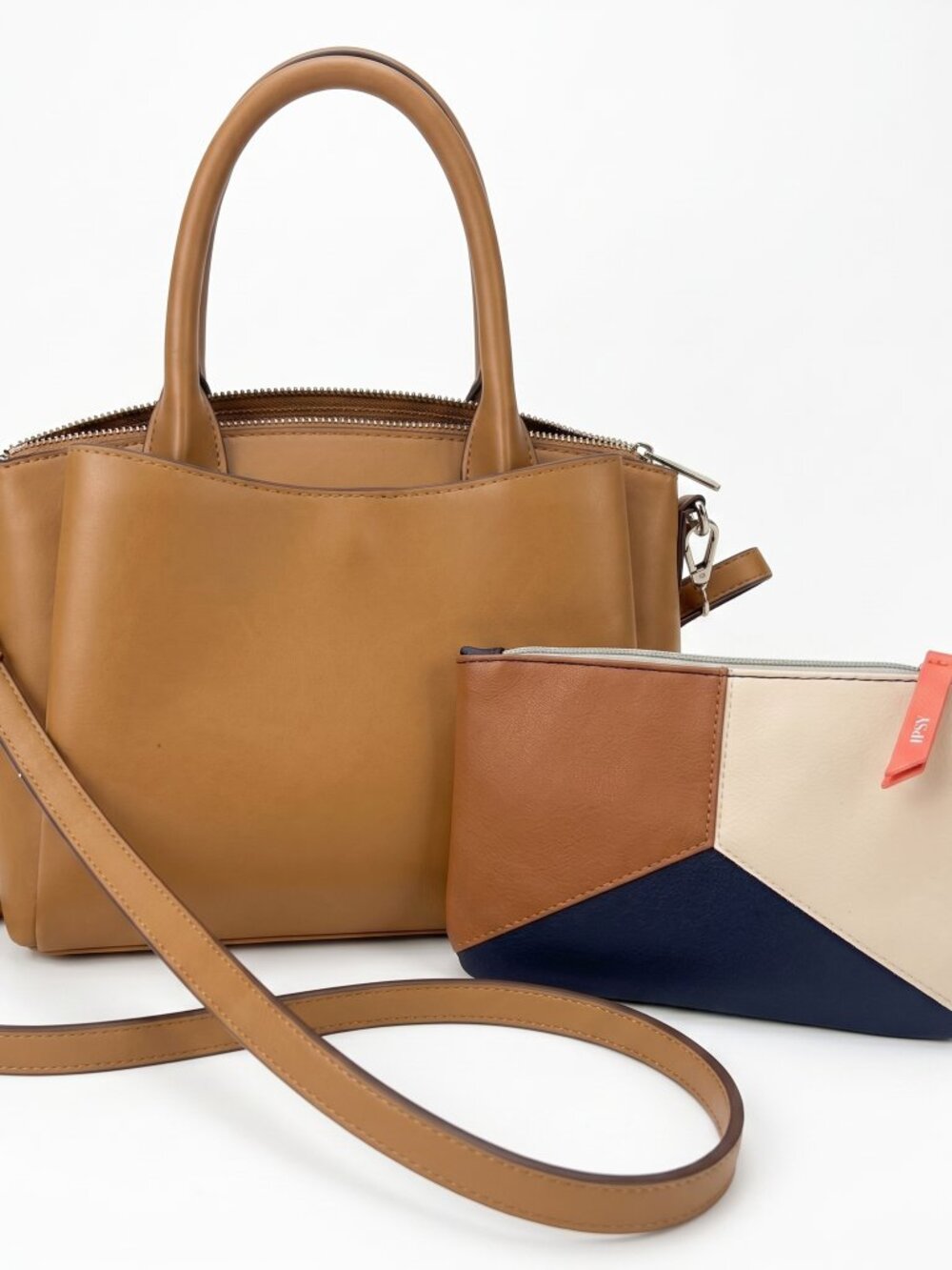 a new day Elegant Tan Leather Handbag - + Ipsy cosmetic bag